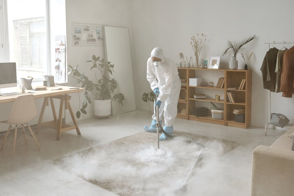 A professional cleaner dressed in full white protective suit, face mask, and gloves performs deep cleaning on a light beige carpet in a modern living room using a steam or dry cleaning machine. The ro